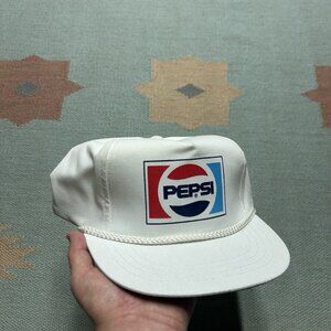 Vintage SnapBack hat cap Pepsi cola soda soft drink big logo promo white